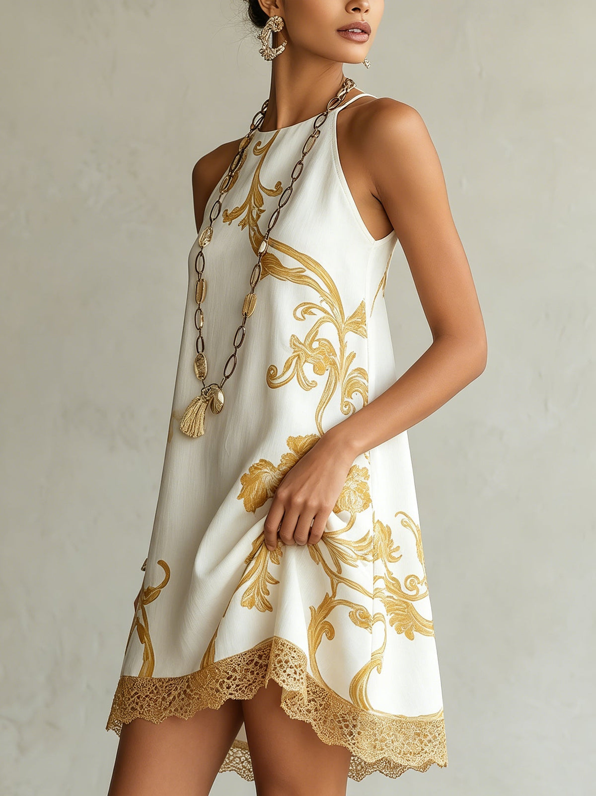 Bennett and Family Aurore Floral Mini Dress with colorful flower pattern, sleeveless design, and fitted waist on a model.