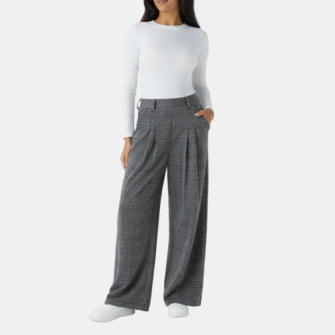 Women's Wide Leg Pants, High Waist Glen Plaid Pleated Trousers