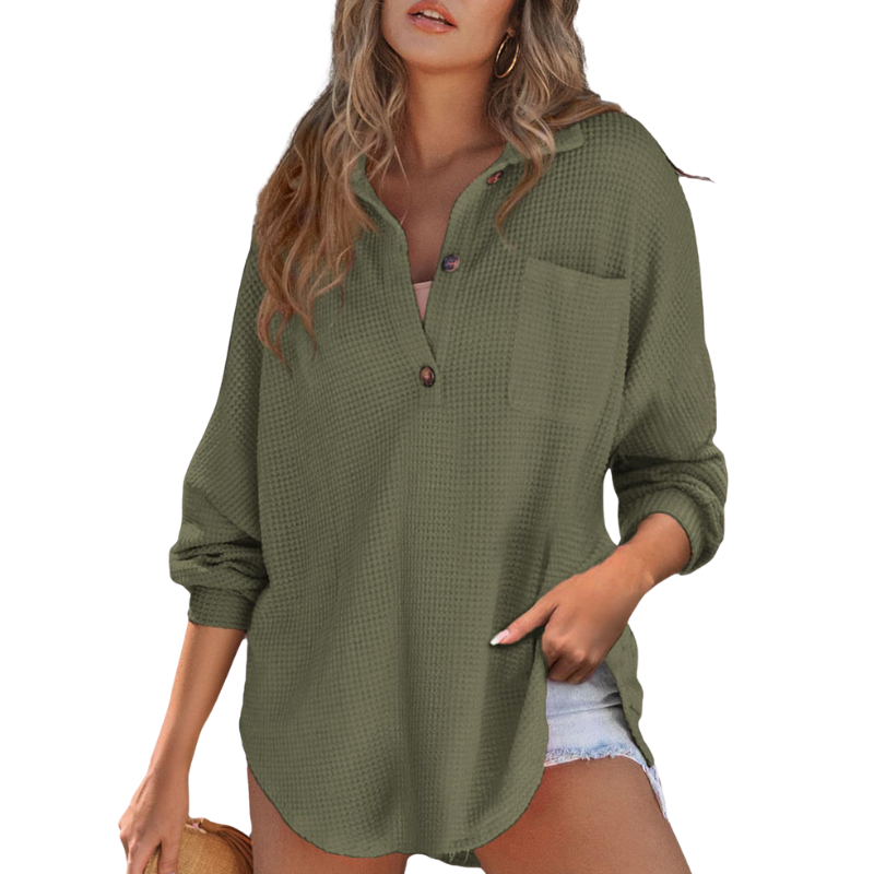 Women's Long Sleeve Top, Oversized Waffle Knit Henley