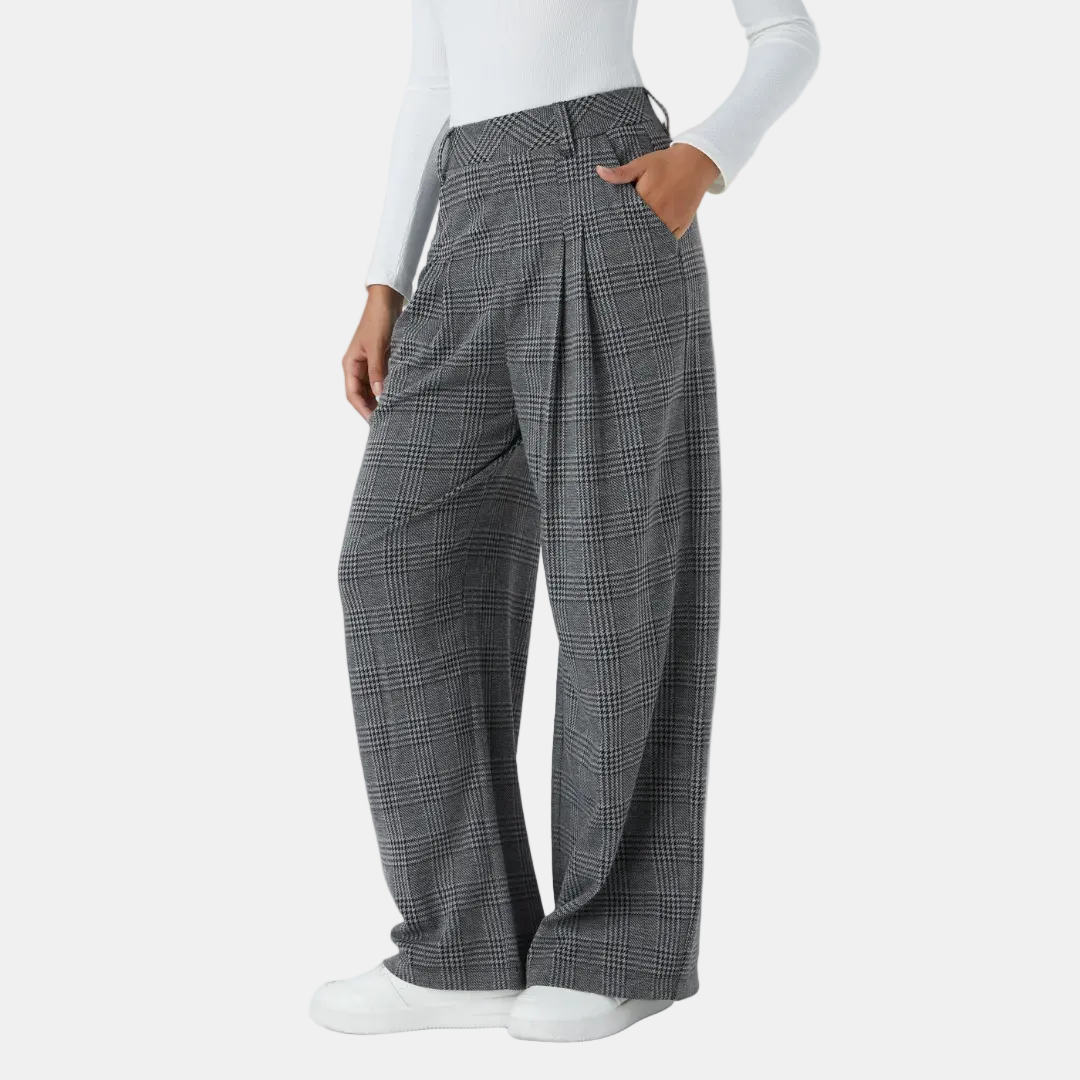 Women's Wide Leg Pants, High Waist Glen Plaid Pleated Trousers