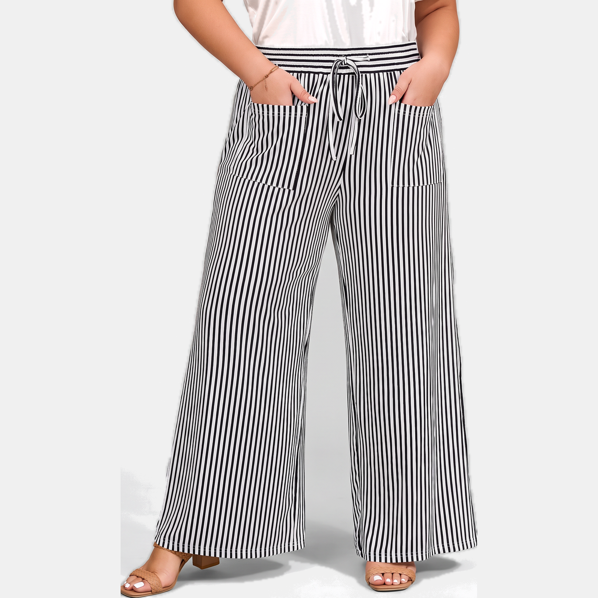 Women's Wide Leg Pants, Striped High Waist Drawstring Palazzo