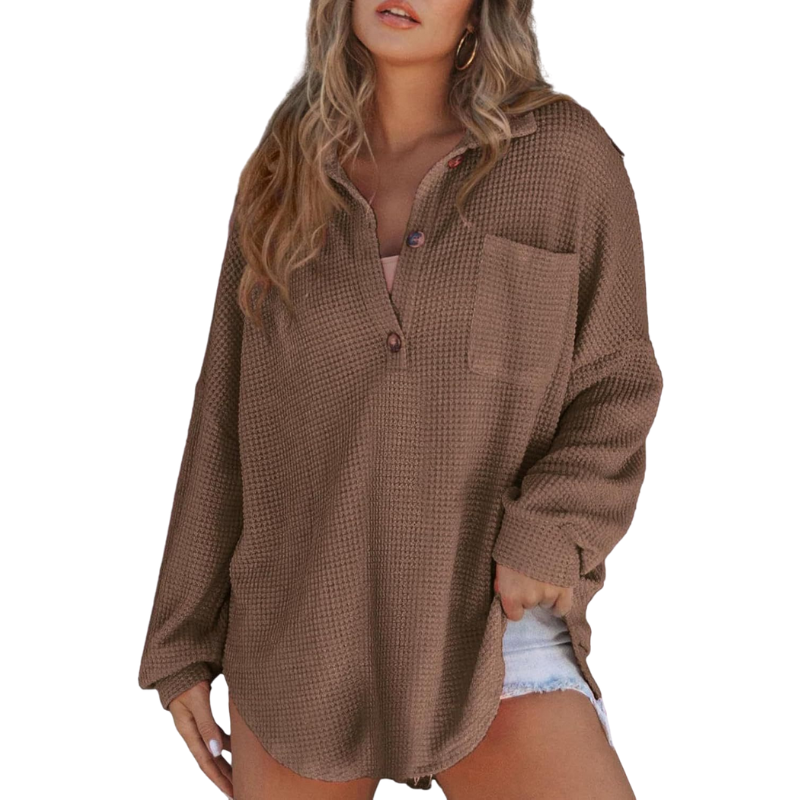 Women's Long Sleeve Top, Oversized Waffle Knit Henley