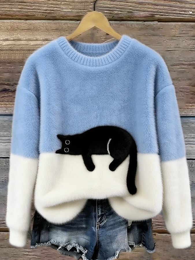 Bennett and Family Bonnie cat print oversized sweater, cozy knit with playful feline design, in soft neutral tones.
