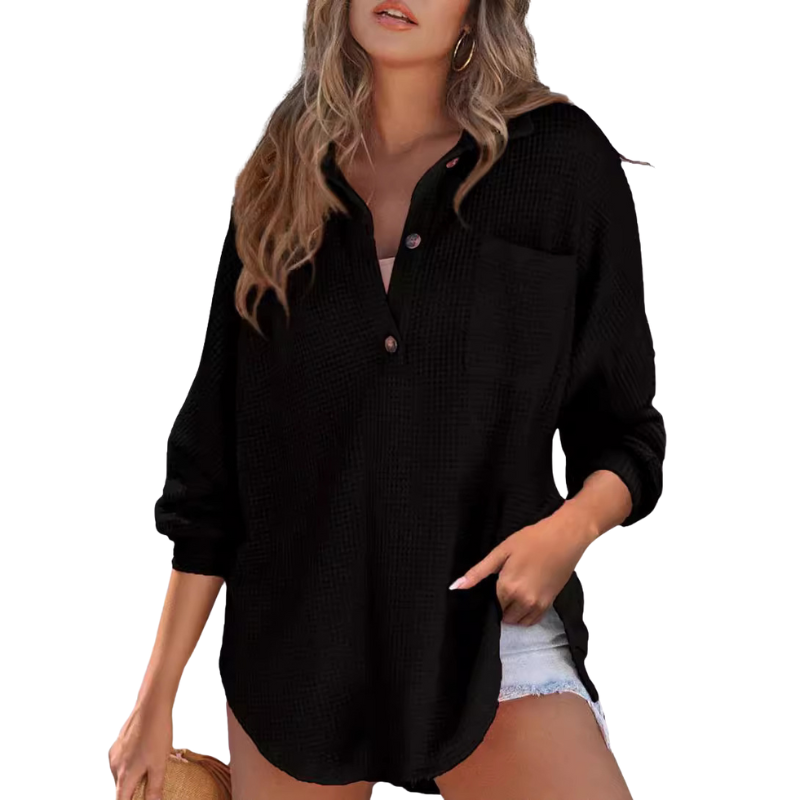 Women's Long Sleeve Top, Oversized Waffle Knit Henley
