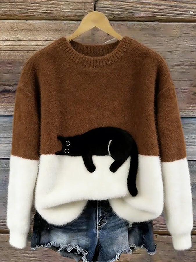 Bennett and Family Bonnie cat print oversized sweater in soft knit fabric, featuring a playful feline design on the front.
