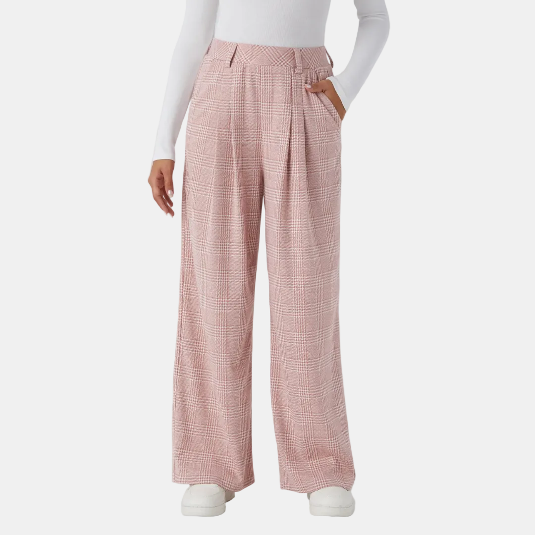 Women's Wide Leg Pants, High Waist Glen Plaid Pleated Trousers