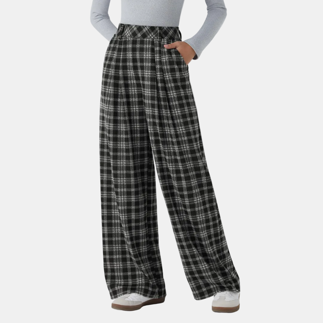 Women's Wide Leg Pants, High Waist Glen Plaid Pleated Trousers