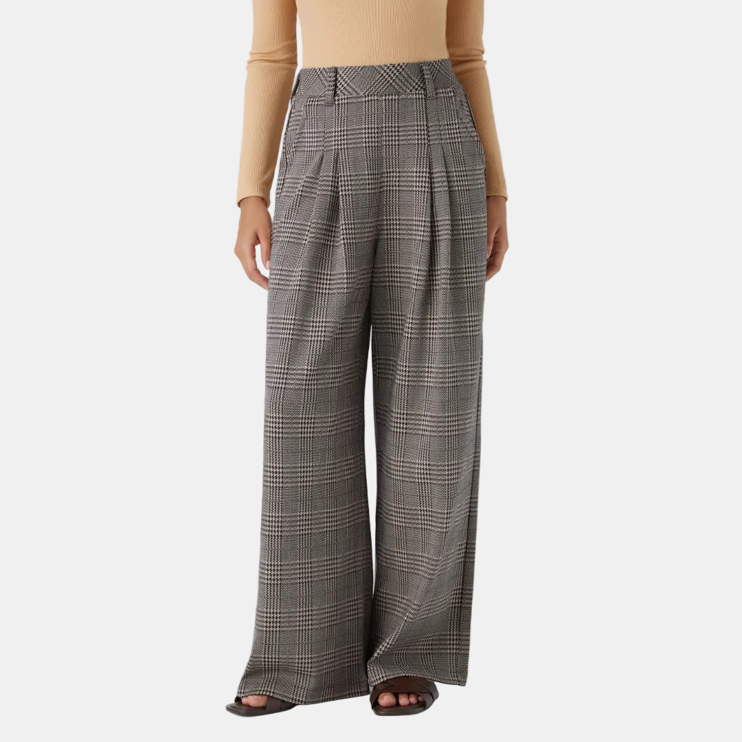 Women's Wide Leg Pants, High Waist Glen Plaid Pleated Trousers