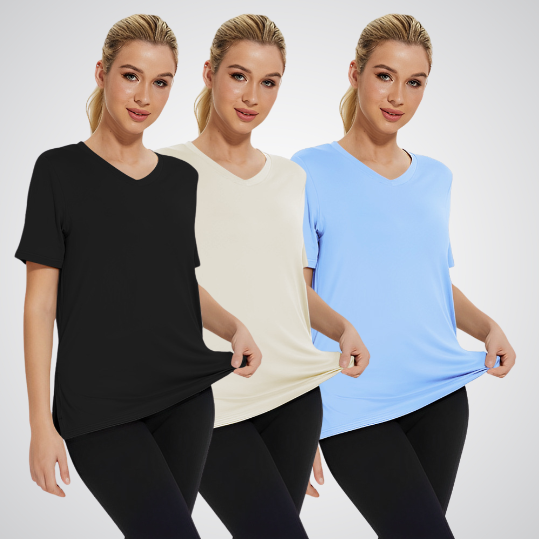 Three Bennett and Family Selena loose fit T-shirts in neutral colors, laid flat showing the relaxed fit and soft fabric.