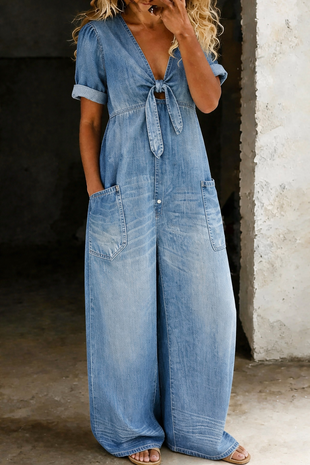 Bennett and Family Maya denim wide-leg jumpsuit with adjustable straps and front pockets, styled with a casual look.