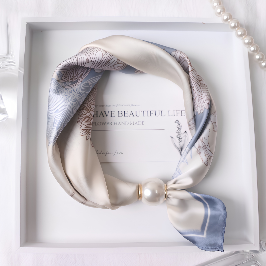 Elodie satin scarf by Bennett and Family displayed on a model, showcasing smooth, shiny fabric and elegant drape.