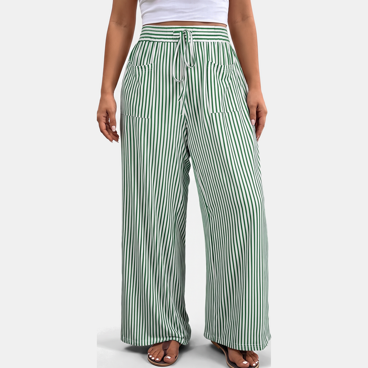 Women's Wide Leg Pants, Striped High Waist Drawstring Palazzo