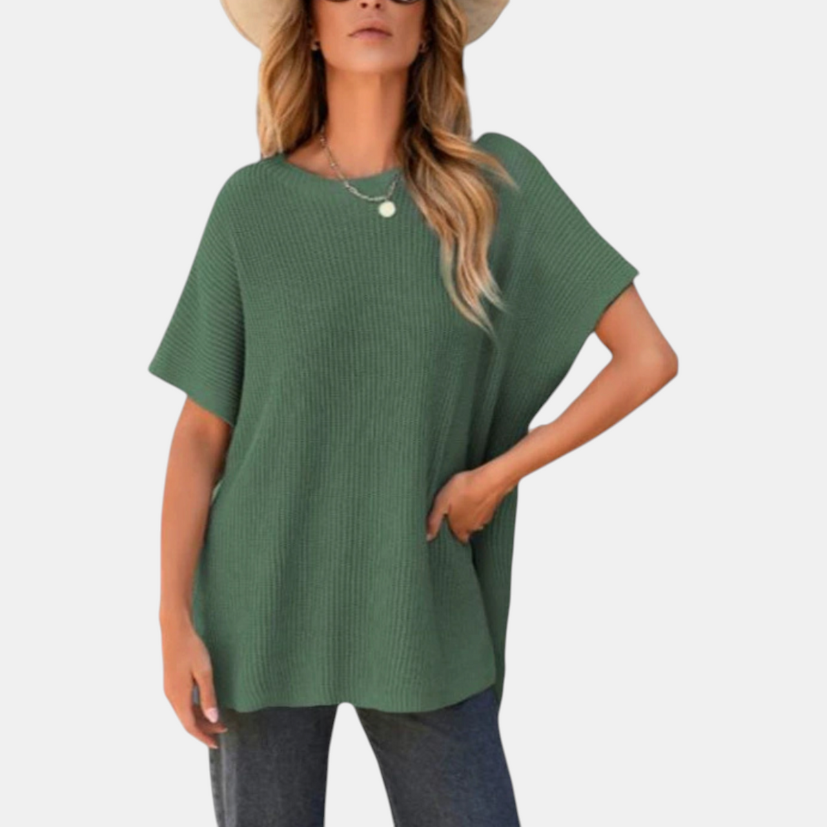 Women's Knit Top, Oversized Ribbed Tunic with Side Slit