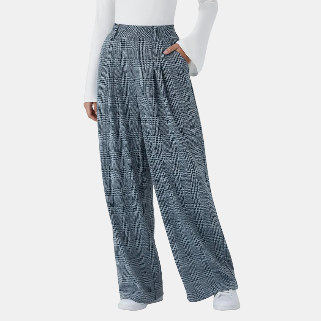 Women's Wide Leg Pants, High Waist Glen Plaid Pleated Trousers
