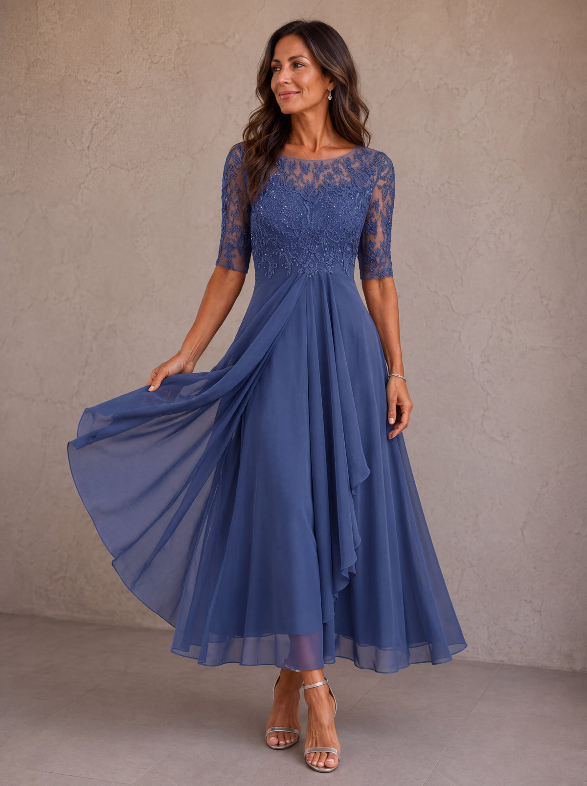 Elegant Abella lace and chiffon maxi dress by Bennett and Family, featuring intricate lace details and flowing chiffon fabric.
