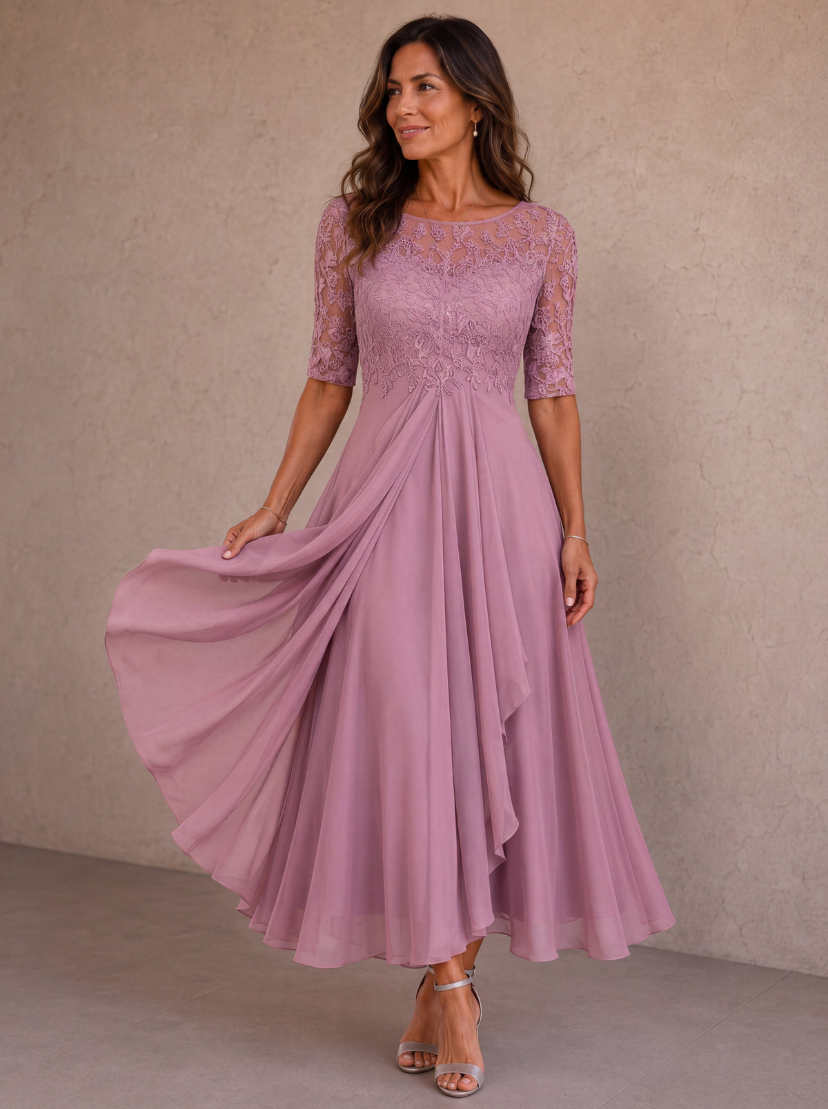 Elegant Abella lace and chiffon maxi dress by Bennett and Family, shown with flowing fabric and intricate lace details.