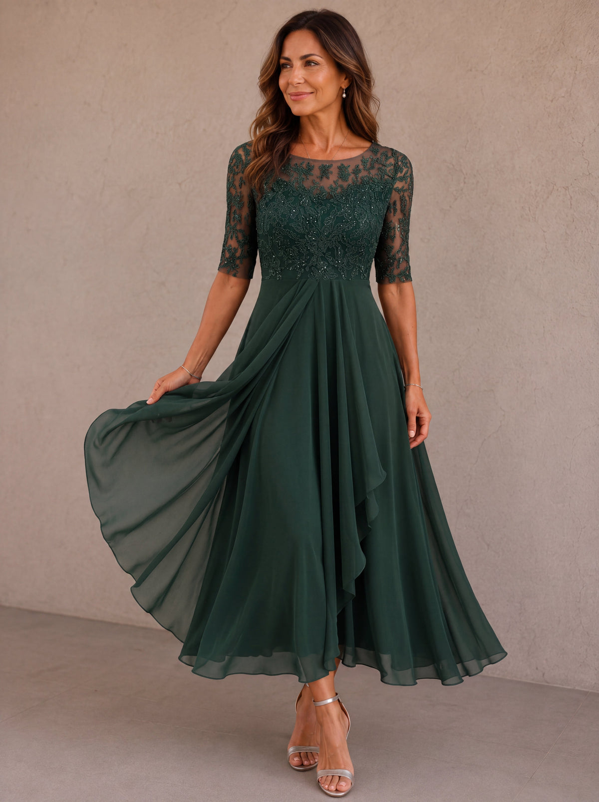 Elegant Abella lace and chiffon maxi dress by Bennett and Family, featuring delicate lace details and flowing fabric.