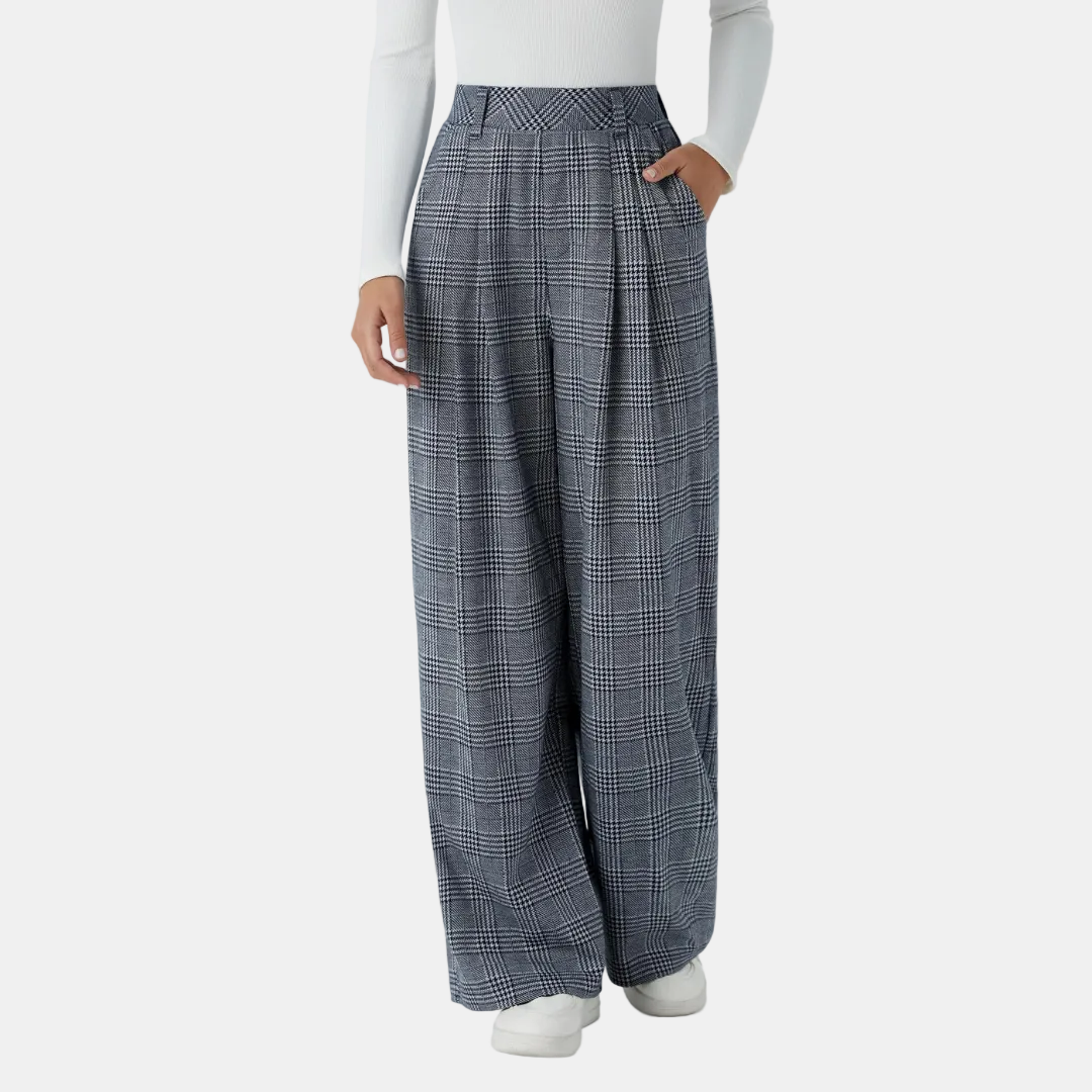 Women's Wide Leg Pants, High Waist Glen Plaid Pleated Trousers