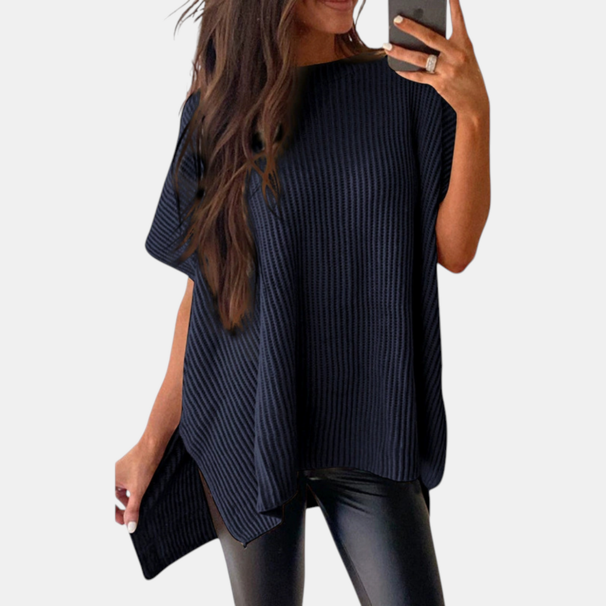 Women's Knit Top, Oversized Ribbed Tunic with Side Slit