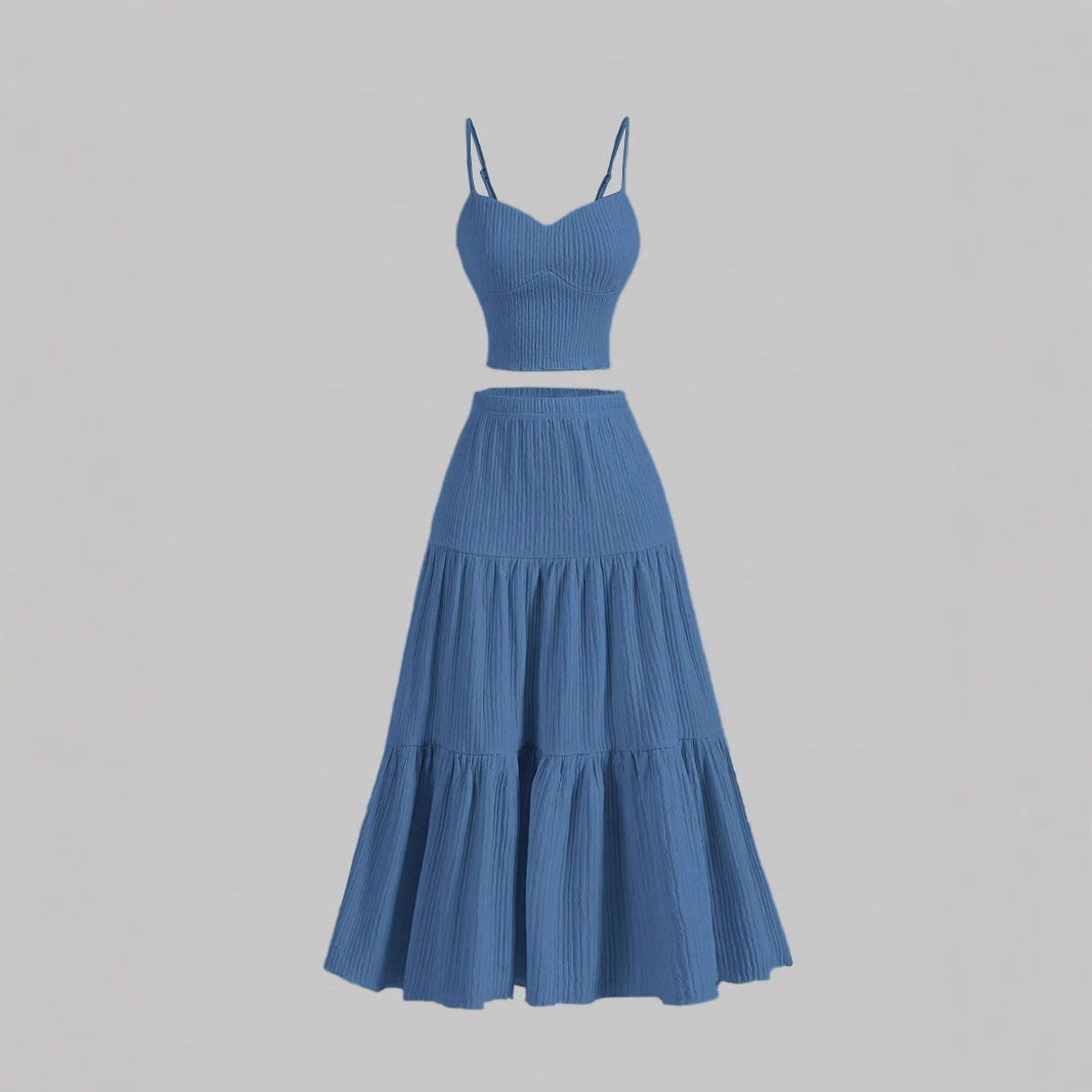Women's Matching Set, Ribbed Sweetheart Crop Top and Tiered Midi Skirt