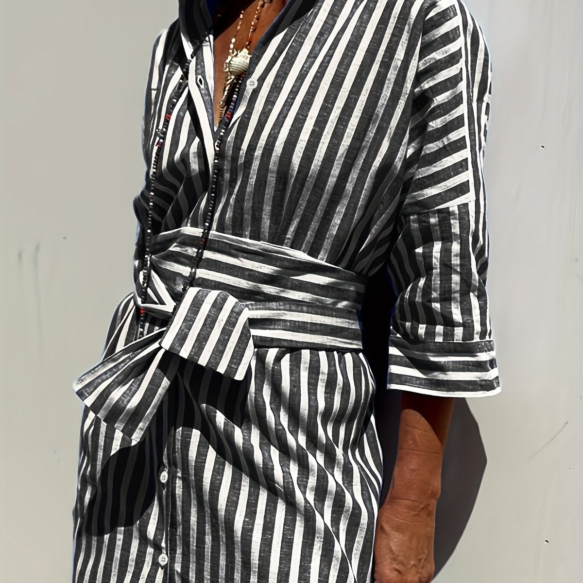 Christine | Striped Print & Button Closure with Belt