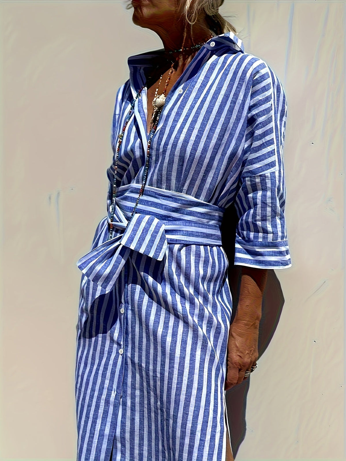 Christine | Striped Print & Button Closure with Belt