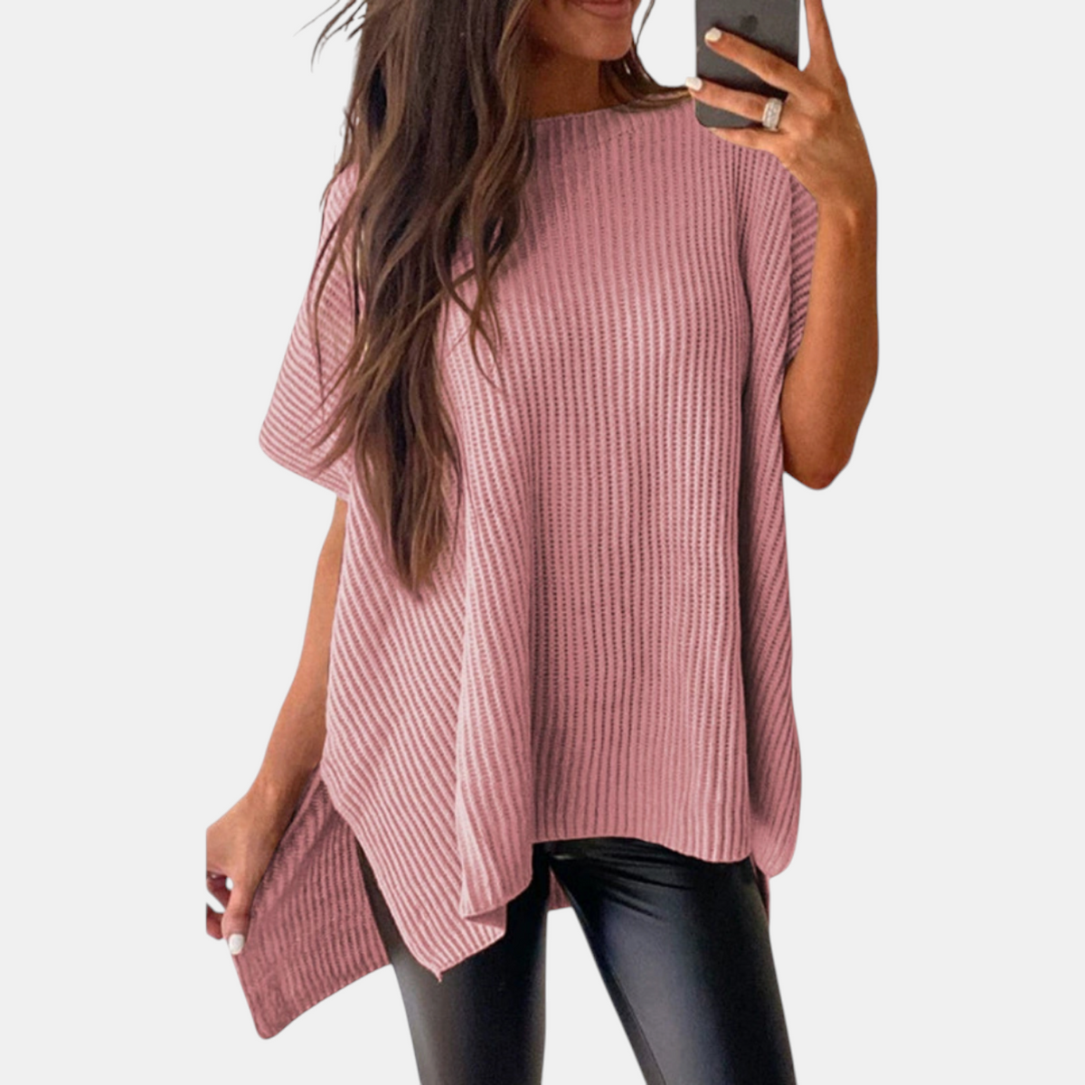 Women's Knit Top, Oversized Ribbed Tunic with Side Slit
