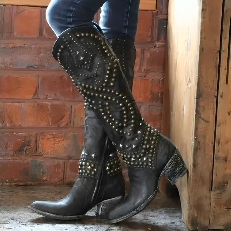 Orena Western knee-high boots by Bennett and Family with pointed toe, metal accents, chunky heel, and cowboy style for women.