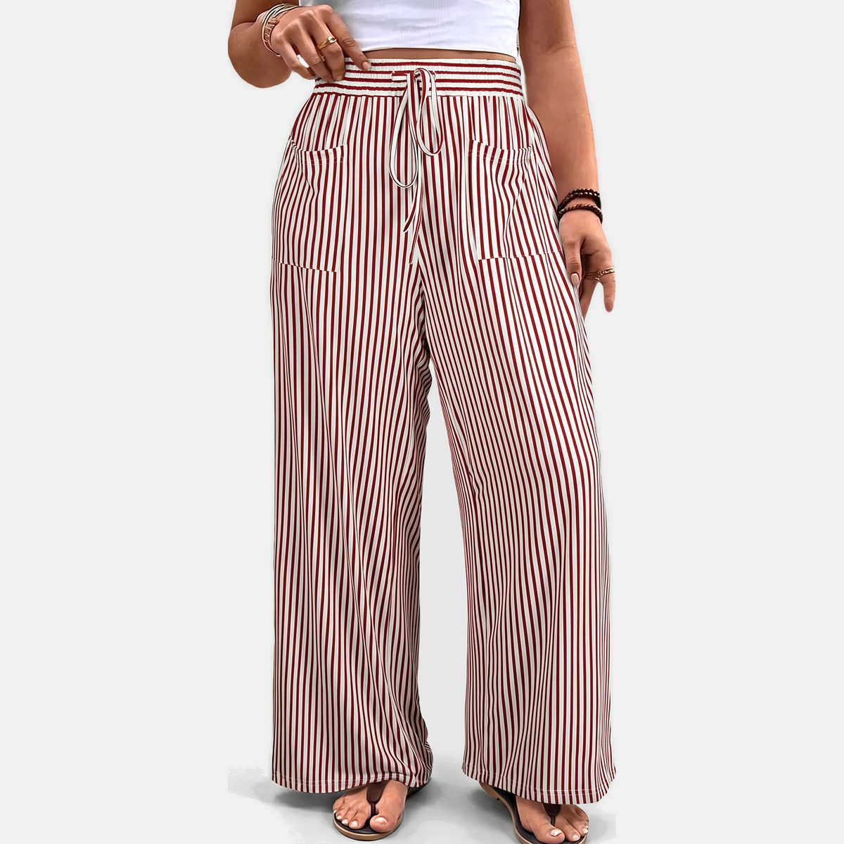 Women's Wide Leg Pants, Striped High Waist Drawstring Palazzo