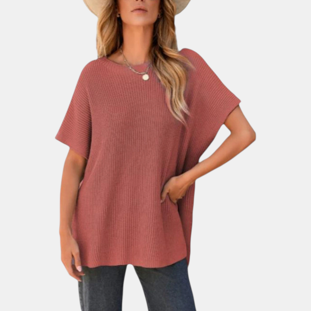 Women's Knit Top, Oversized Ribbed Tunic with Side Slit