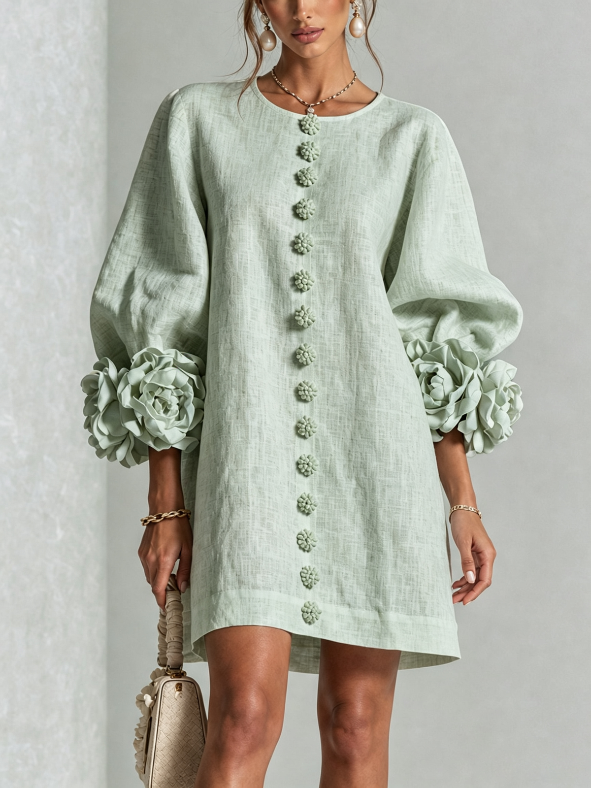 Susanna Mini Dress by Bennett And Family in Sage Mist color, featuring a stylish, lightweight dress with a relaxed fit and subtle pattern.