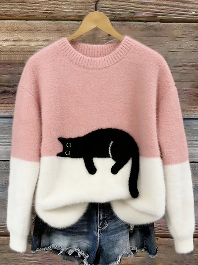 Bennett and Family Bonnie cat print oversized sweater in soft knit fabric, featuring a playful cat design and relaxed fit.