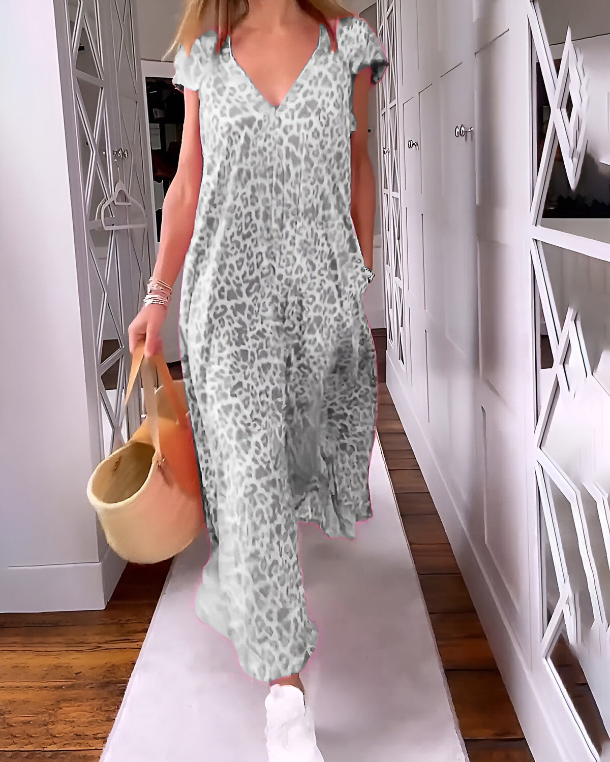 Véronique long dress with V-neck and short sleeves by The Rowan Daughters, shown in soft fabric, full-length style.
