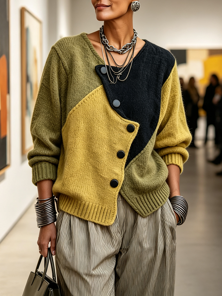 Weston™ color-block knit sweater by Bennett and Family, featuring vibrant multi-colored design and cozy knit texture.