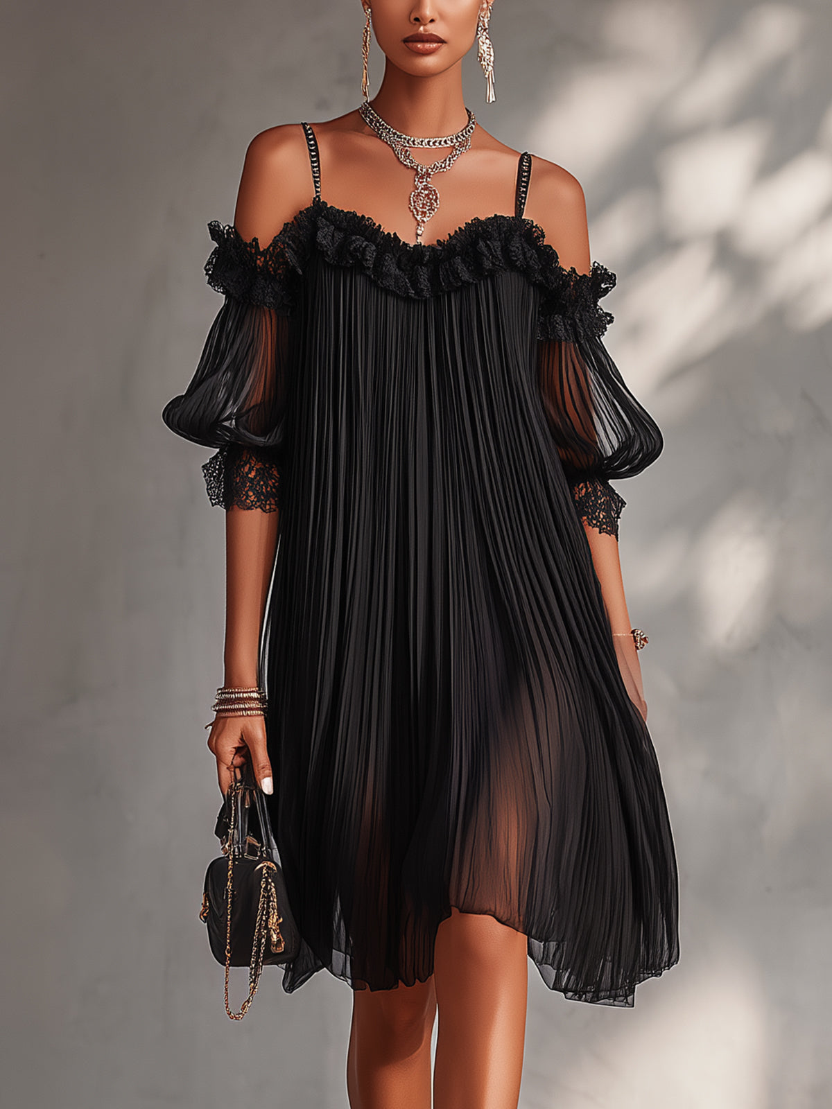 Vittoria off-shoulder chiffon mini dress with lace trim, lightweight and flowy, showcasing elegant neckline and delicate detailing.
