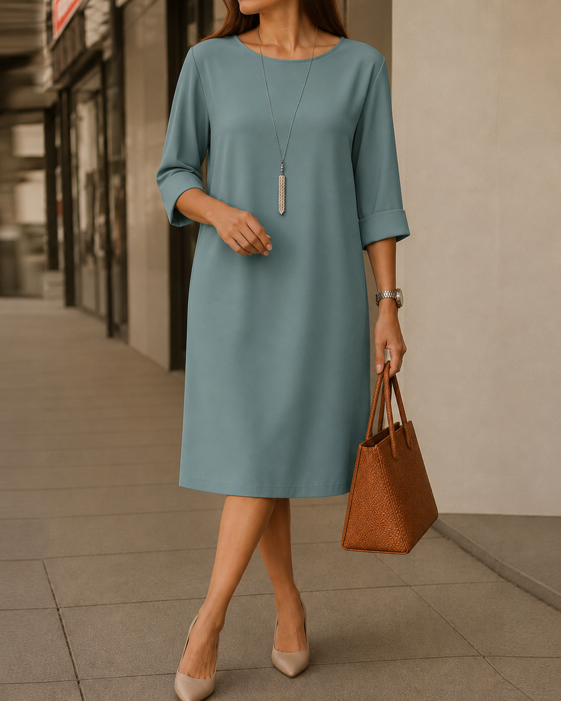 Bennett And Family Odette Midi Dress in a flowing fabric, shown on a model, featuring a stylish, knee-length design perfect for casual occasions.