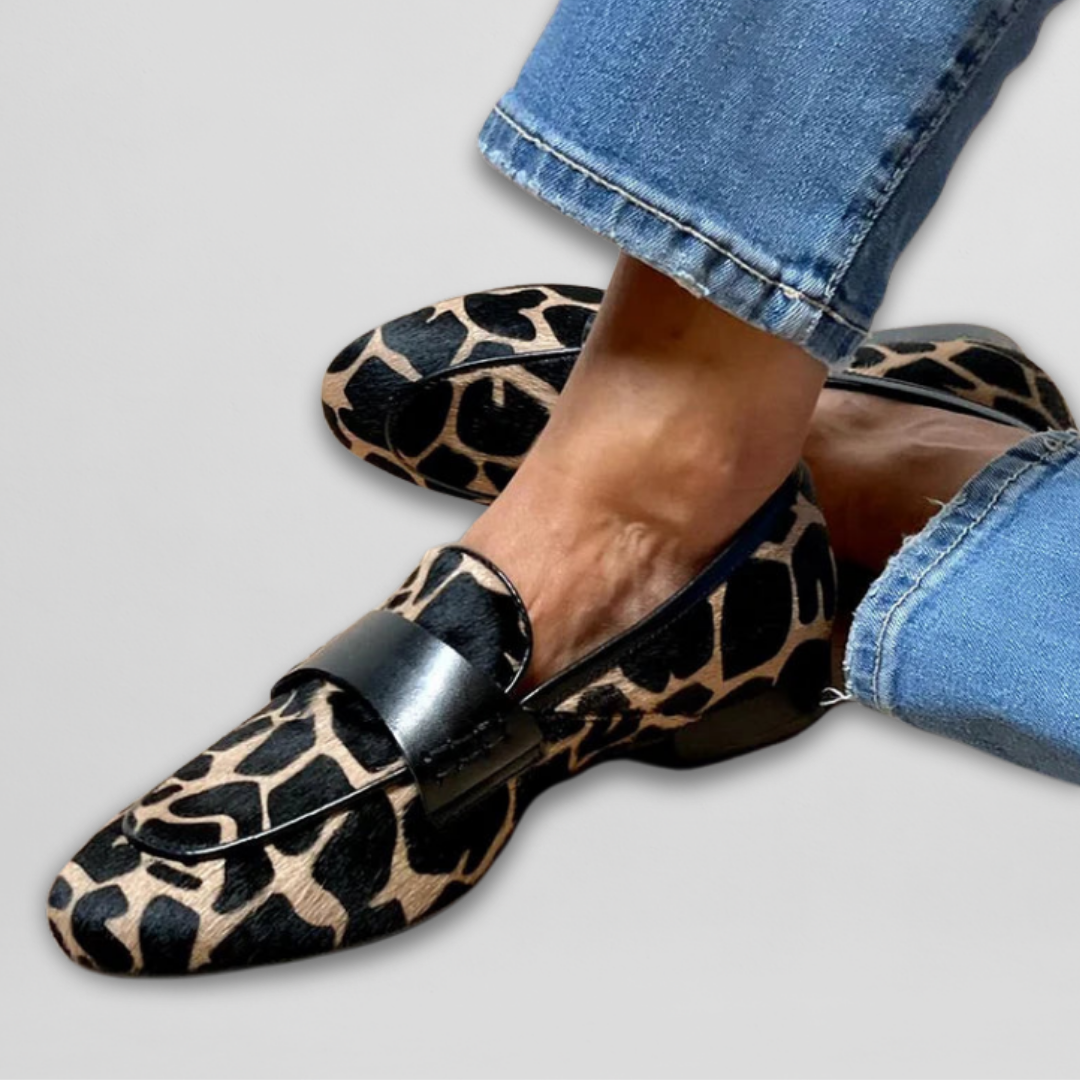 Bennett & Family Melbourne Ada leopard print loafers featuring a stylish animal pattern and comfortable slip-on design.
