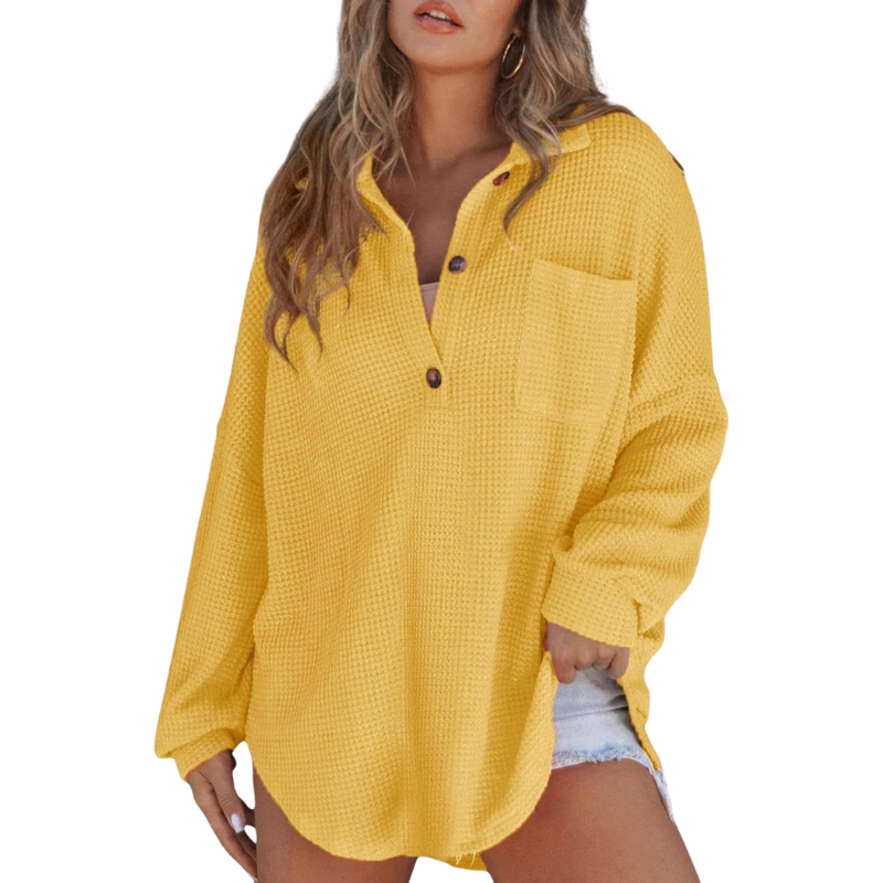 Women's Long Sleeve Top, Oversized Waffle Knit Henley