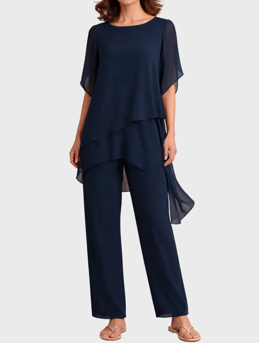 Aurelia wide-leg two-piece set by Bennett and Family, featuring a flowing top and matching wide-leg pants, displayed on a model.