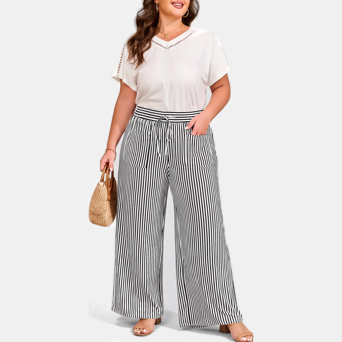 Women's Wide Leg Pants, Striped High Waist Drawstring Palazzo
