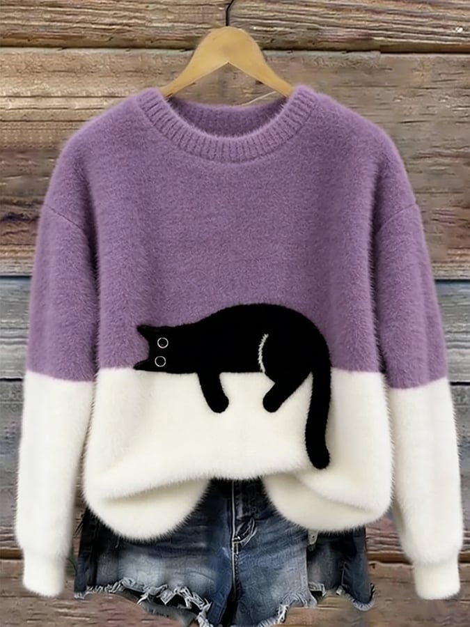 Bennett and Family Bonnie cat print oversized sweater in cozy knit with a colorful feline pattern and relaxed fit.