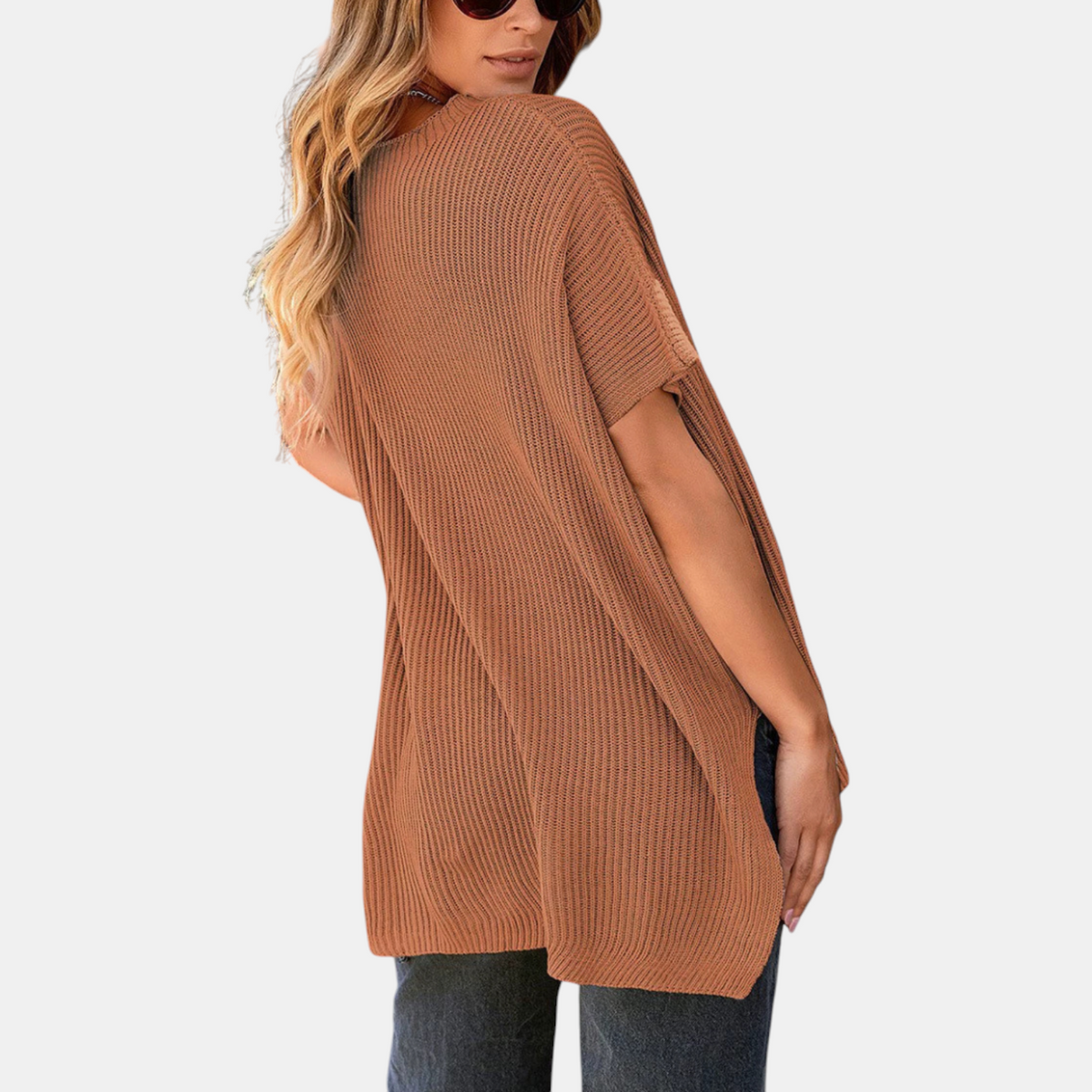 Women's Knit Top, Oversized Ribbed Tunic with Side Slit