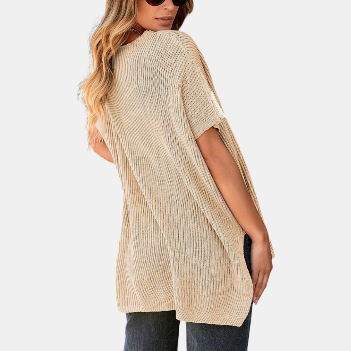Women's Knit Top, Oversized Ribbed Tunic with Side Slit