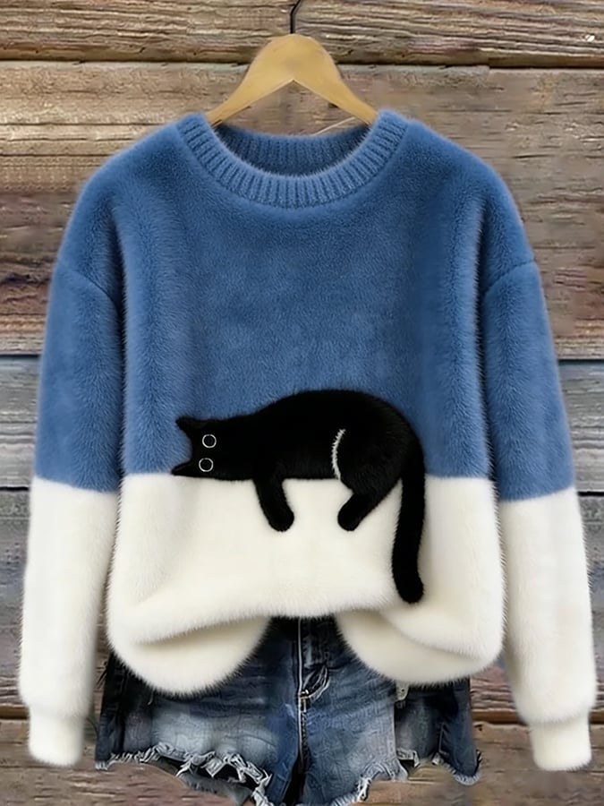 Bennett and Family Bonnie cat print oversized sweater featuring a cozy knit fabric and playful cat design in neutral tones.