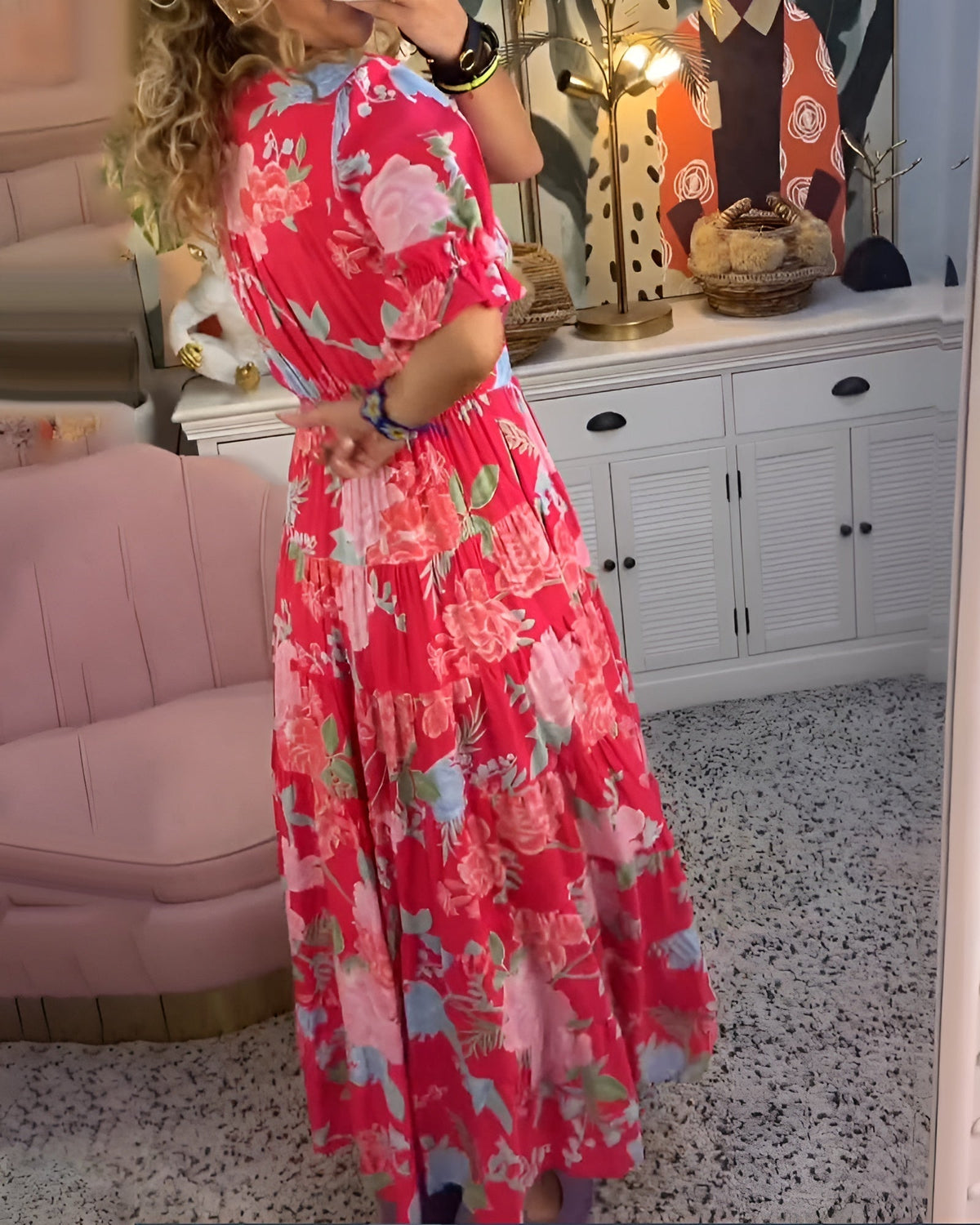 Carine floral print dress by The Rowan Daughters featuring a V-neck and pockets, shown in a full-length view.
