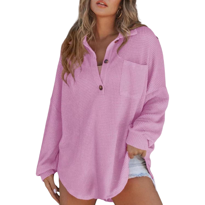 Women's Long Sleeve Top, Oversized Waffle Knit Henley