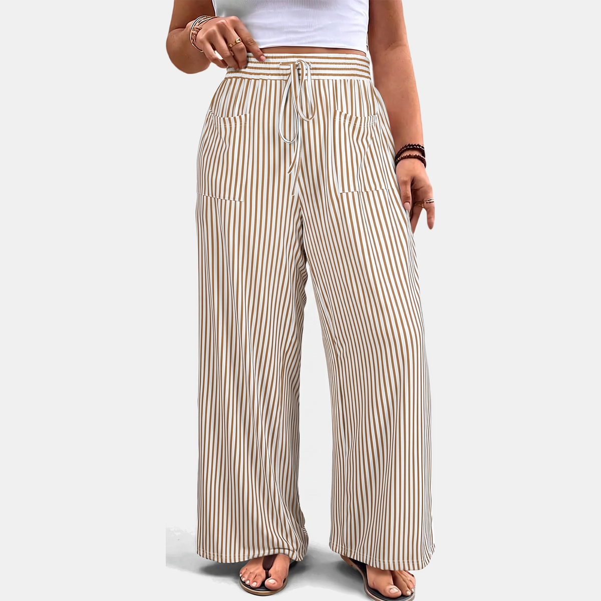 Women's Wide Leg Pants, Striped High Waist Drawstring Palazzo