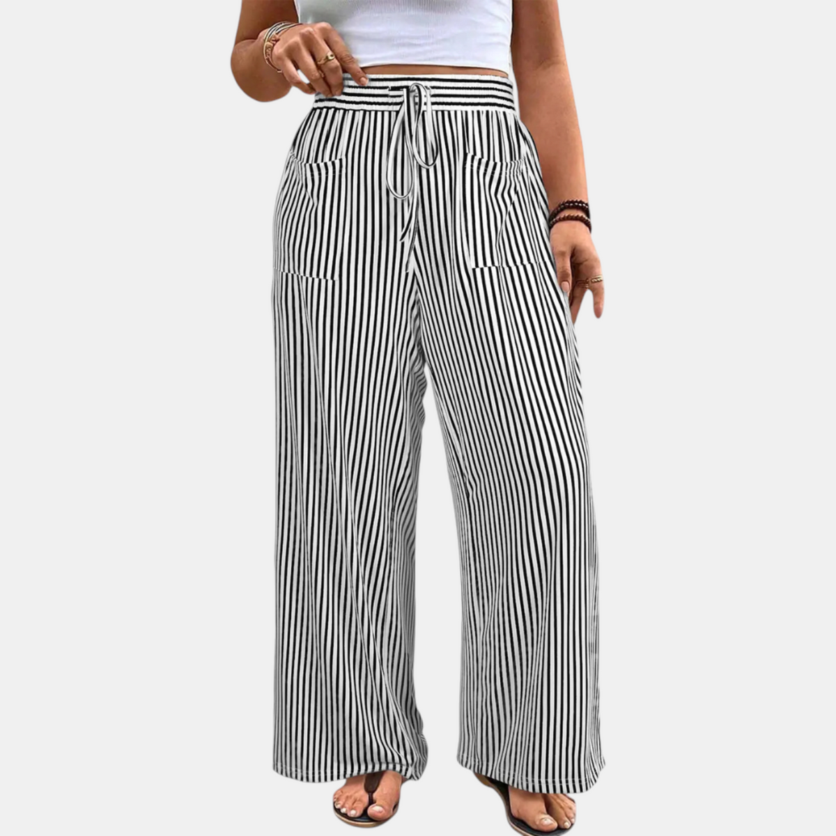 Women's Wide Leg Pants, Striped High Waist Drawstring Palazzo
