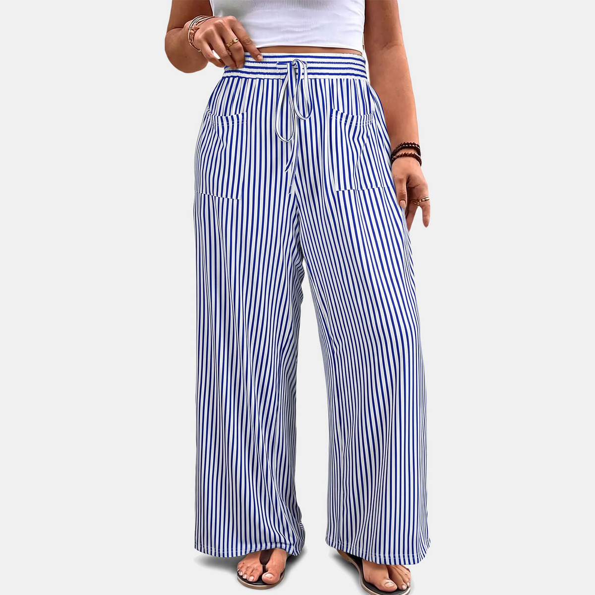 Women's Wide Leg Pants, Striped High Waist Drawstring Palazzo