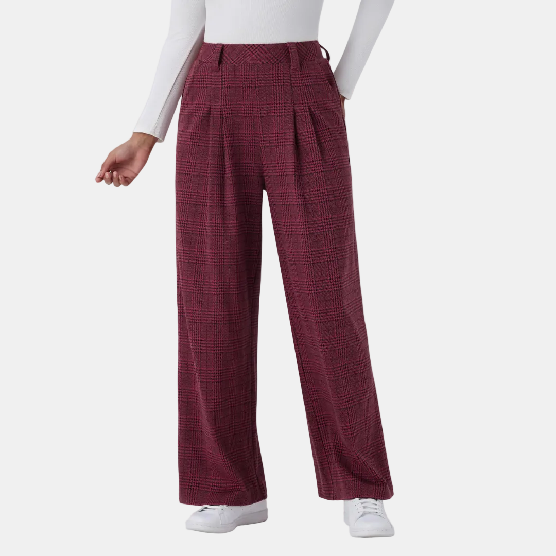 Women's Wide Leg Pants, High Waist Glen Plaid Pleated Trousers
